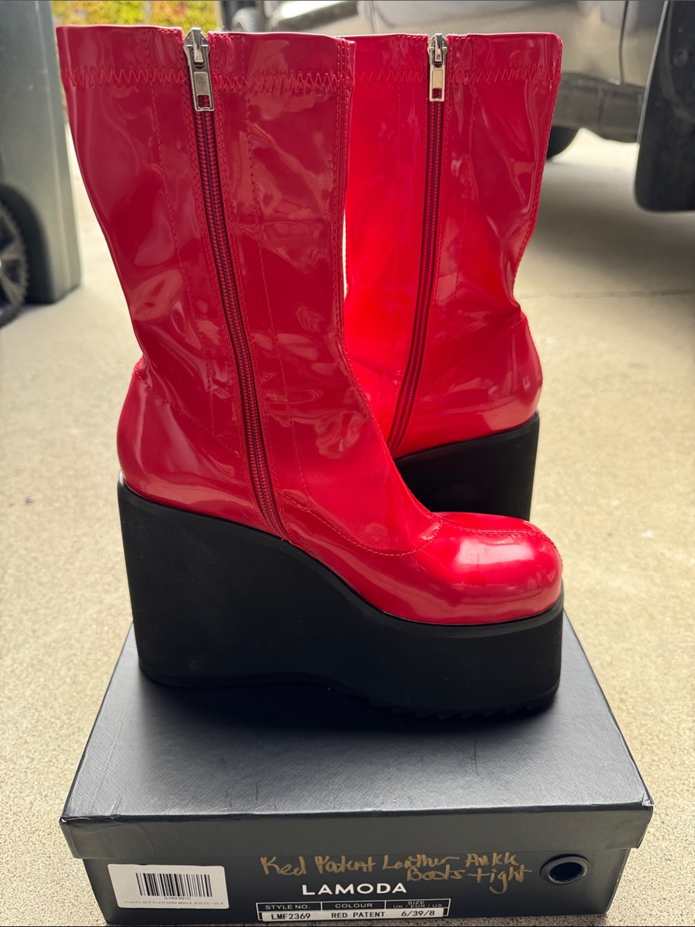 LaModa Red Patent Platform Wedge Boots with Black Sole